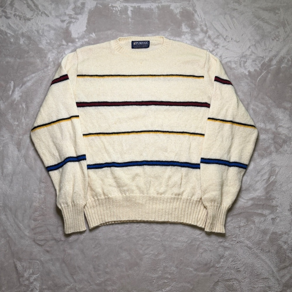 Vtg Puritan Shetland Wool Blend Sweater Size L Striped Crewneck Made in USA
